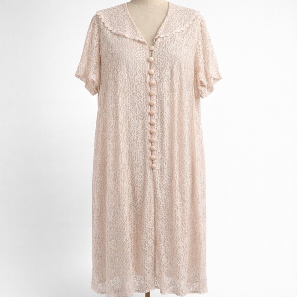 Jamie Brooke Woman Dresses & Skirts - Vintage Pink Sheer Lace Dress Floral Maxi Robe Button 22 Fairy Dainty Romantic